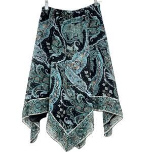Vintage Y2K 90's Whimsigoth Fairy Asymmetric Hem Paisley‎ Midi Skirt Teal Sz PXS